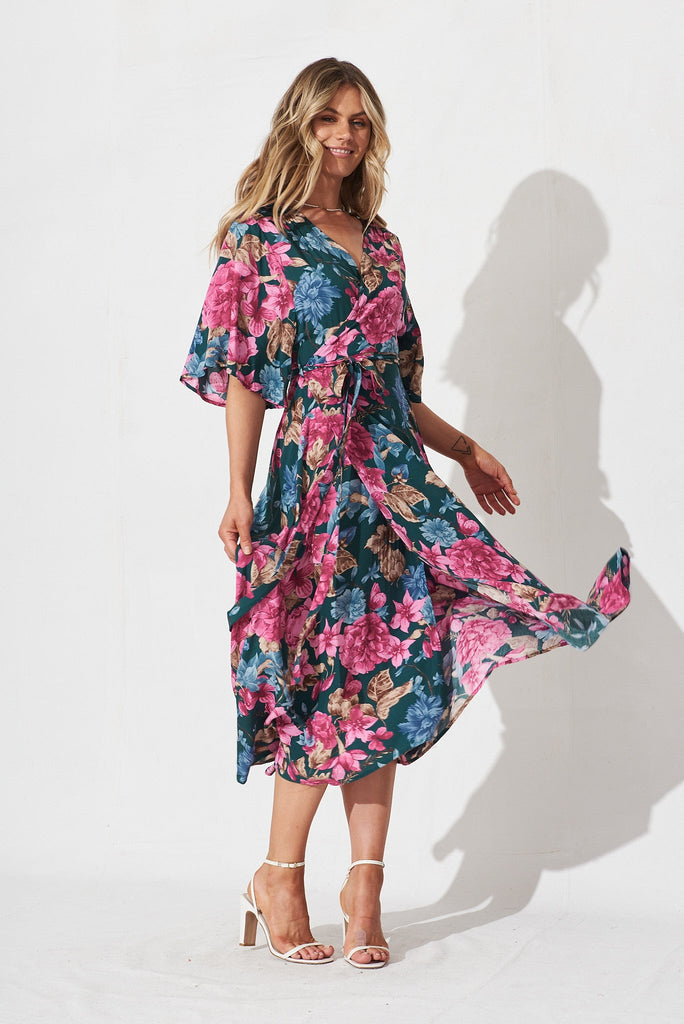 Journee Midi Wrap Dress In Teal With Pink Floral - full length