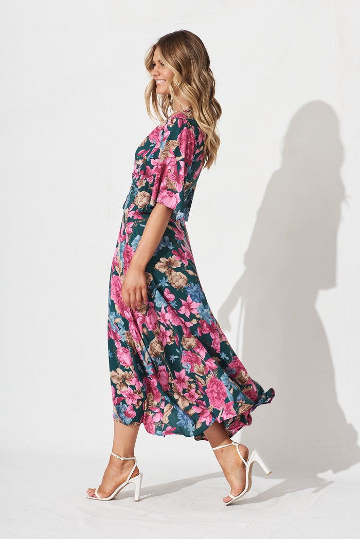 Journee Midi Wrap Dress In Teal With Pink Floral - side