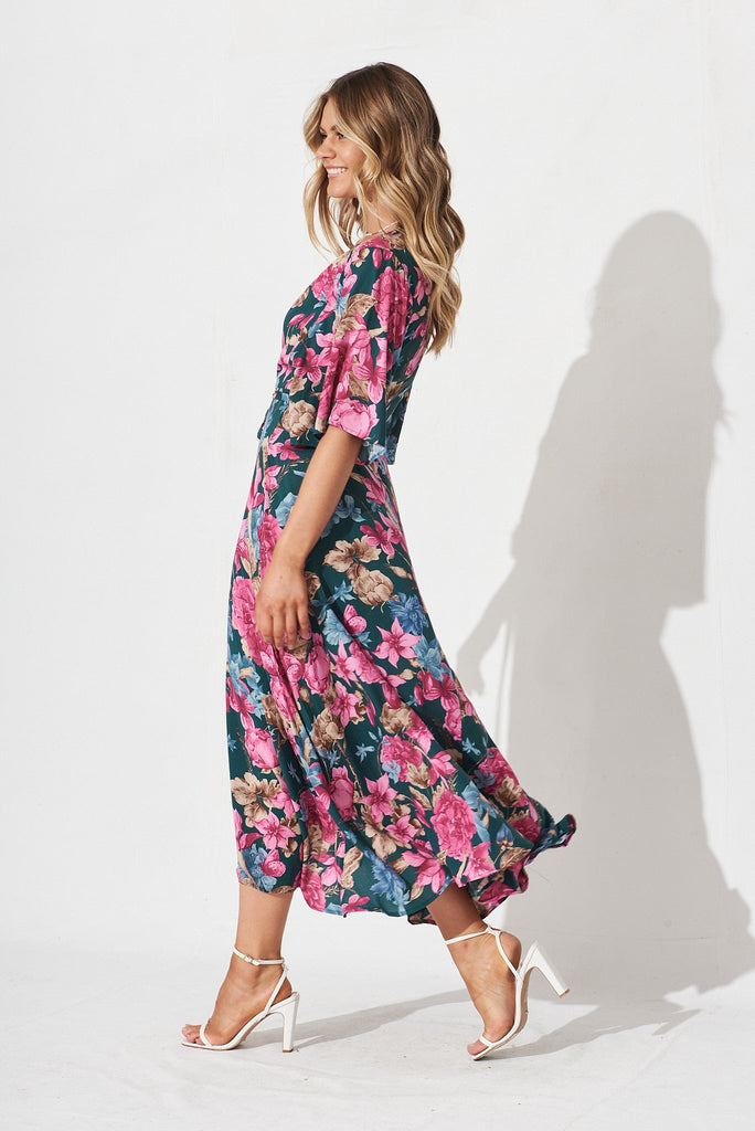Journee Midi Wrap Dress In Teal With Pink Floral - side