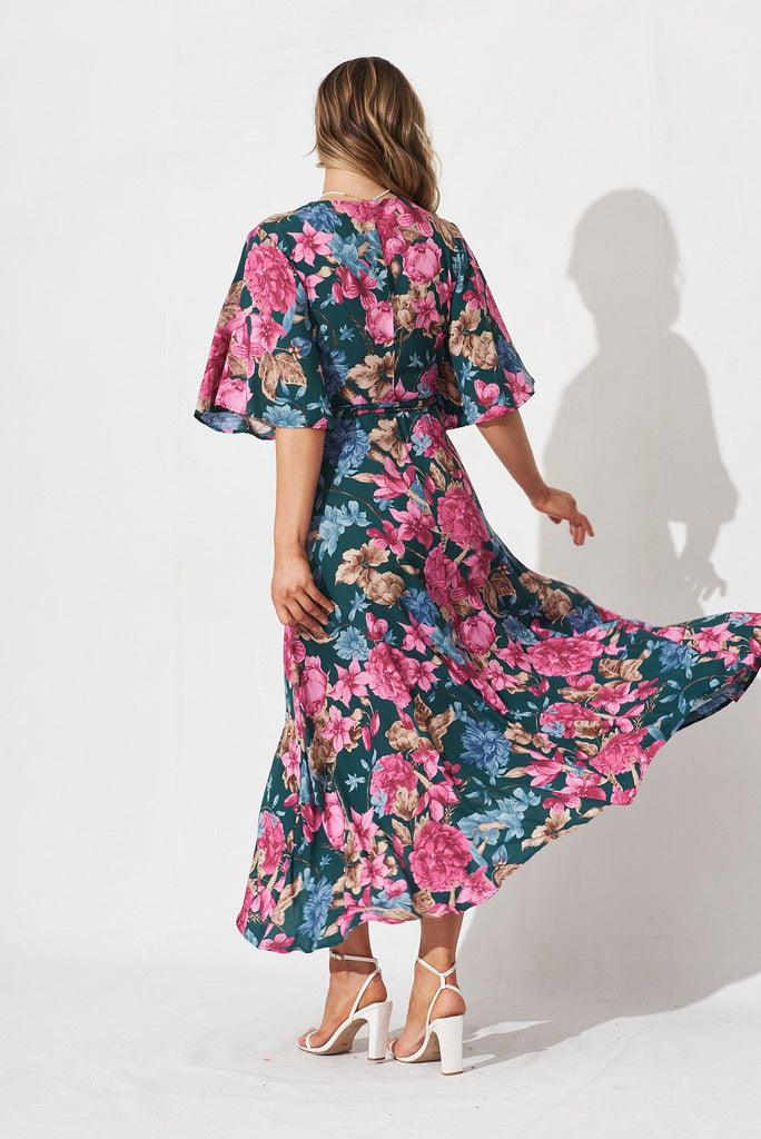 Journee Midi Wrap Dress In Teal With Pink Floral - back