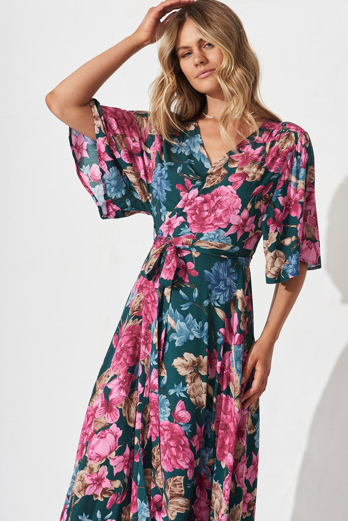 Journee Midi Wrap Dress In Teal With Pink Floral - front