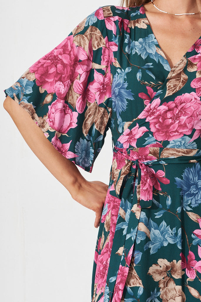 Journee Midi Wrap Dress In Teal With Pink Floral - detail