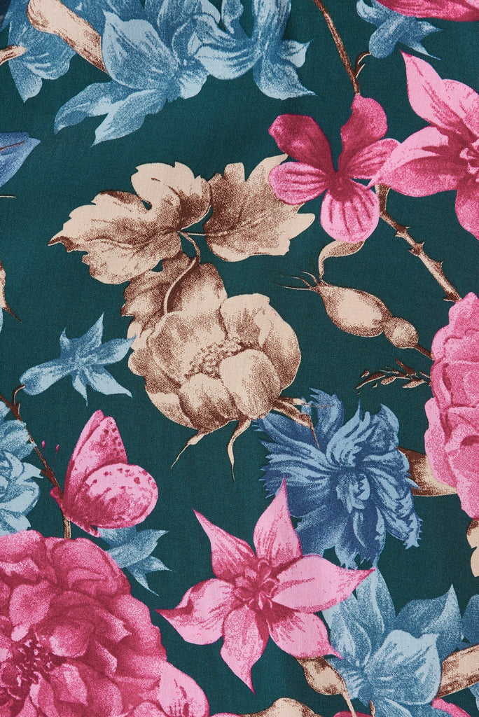 Journee Midi Wrap Dress In Teal With Pink Floral - fabric