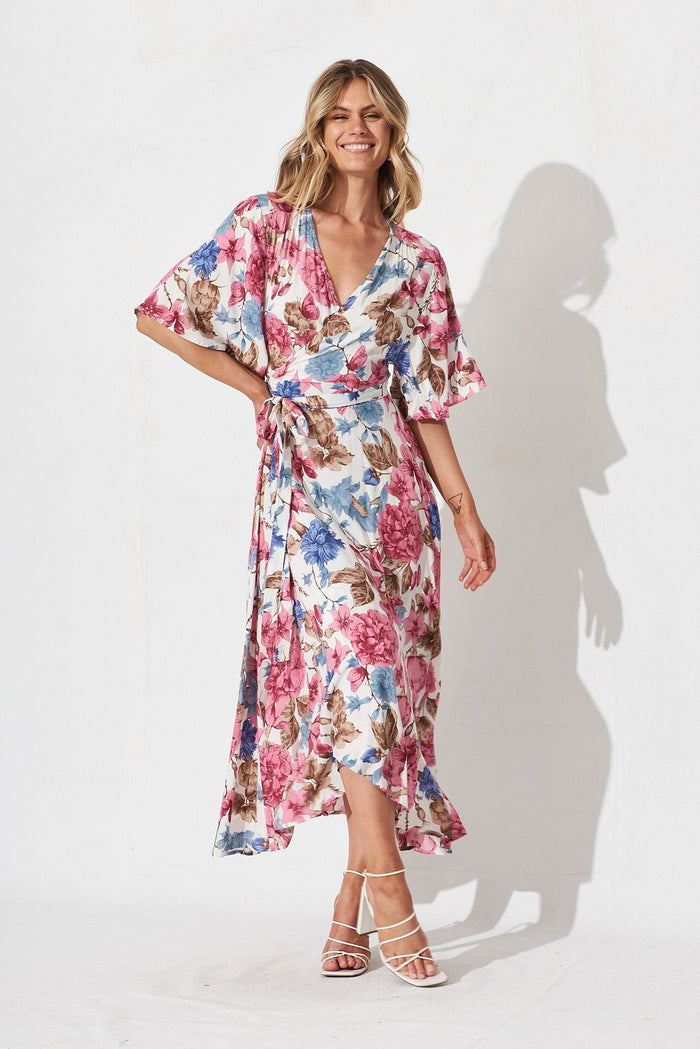 Journee Midi Wrap Dress In Cream With Pink Floral - full length