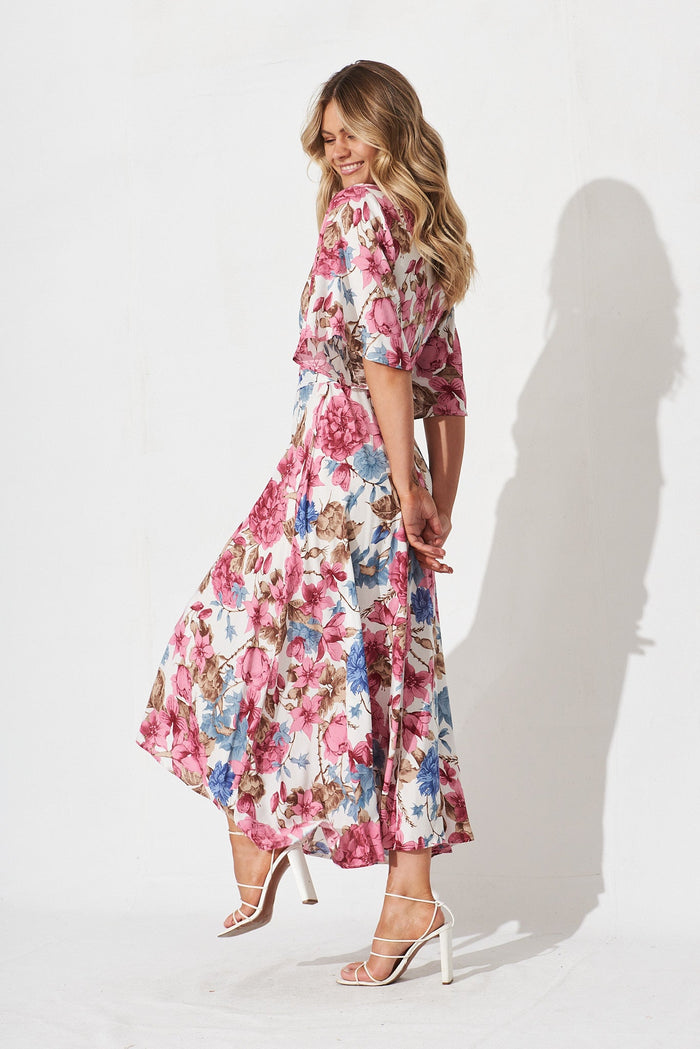 Journee Midi Wrap Dress In Cream With Pink Floral - side