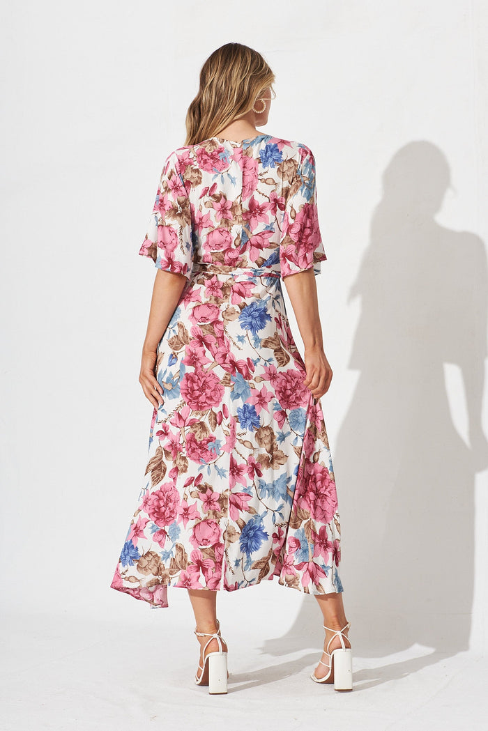 Journee Midi Wrap Dress In Cream With Pink Floral - back