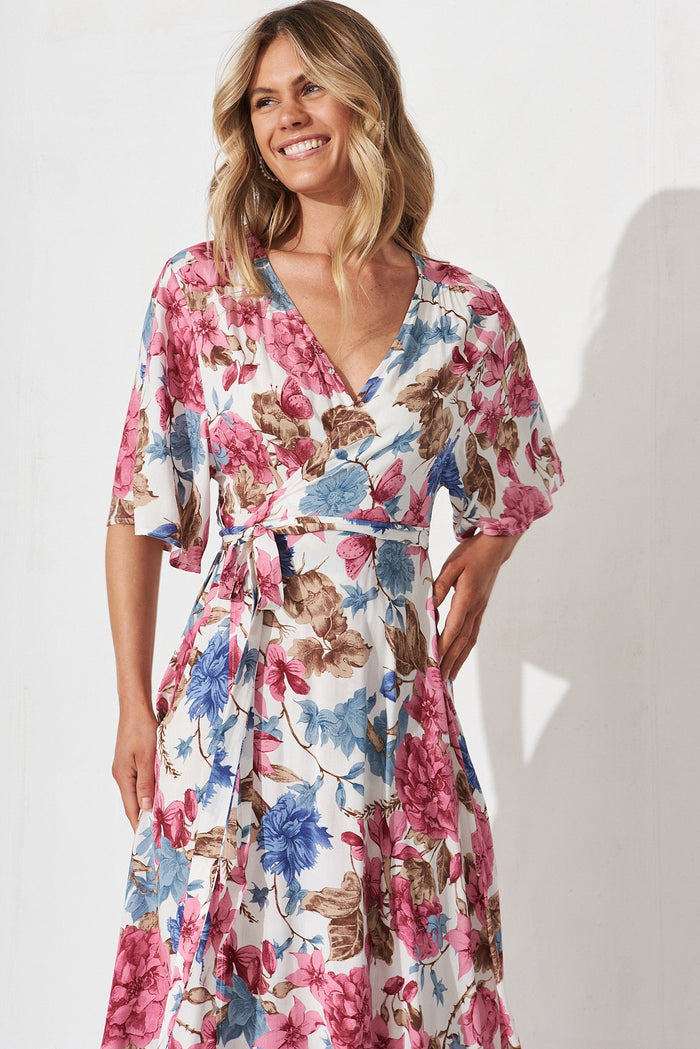 Journee Midi Wrap Dress In Cream With Pink Floral - front