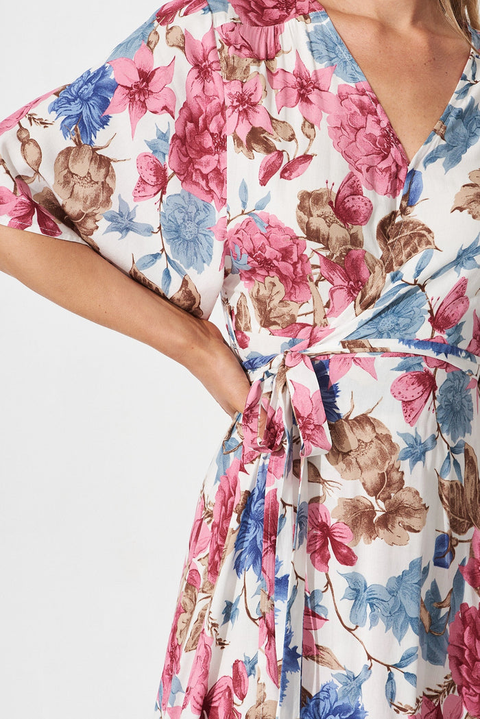 Journee Midi Wrap Dress In Cream With Pink Floral - detail