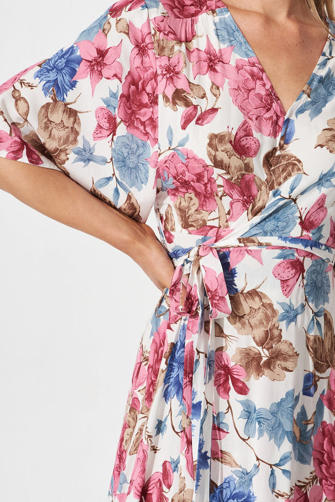 Journee Midi Wrap Dress In Cream With Pink Floral - detail