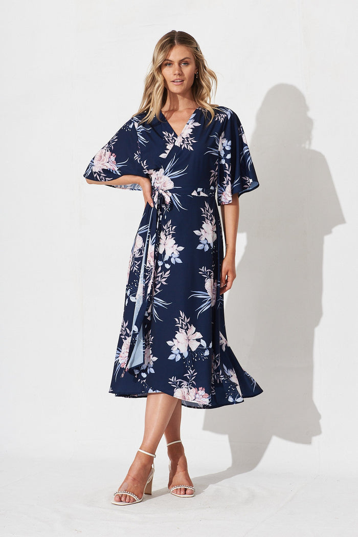 Oaklynn Midi Wrap Dress In Navy With Blush Floral - full length