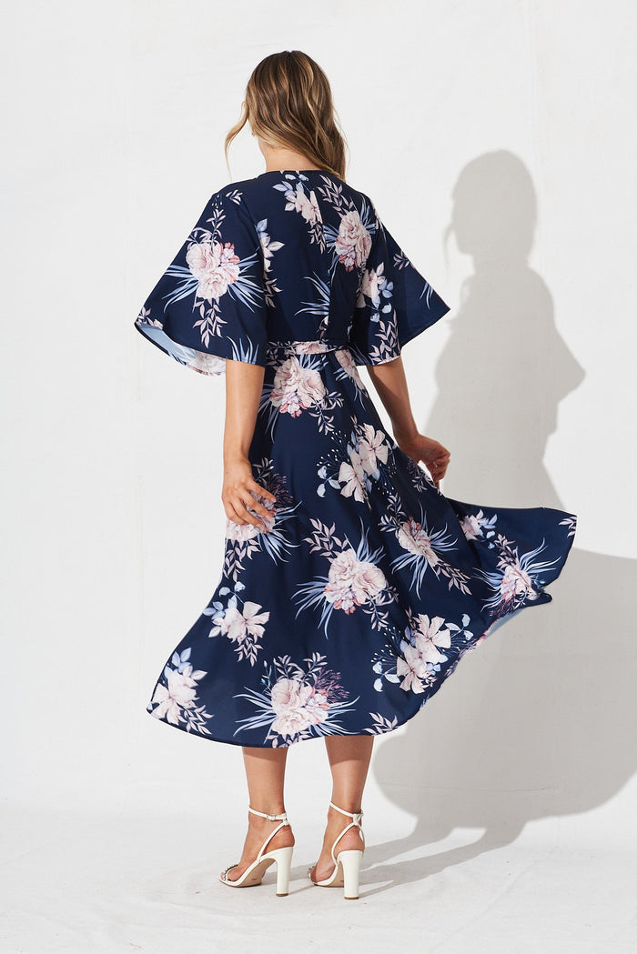 Oaklynn Midi Wrap Dress In Navy With Blush Floral - back