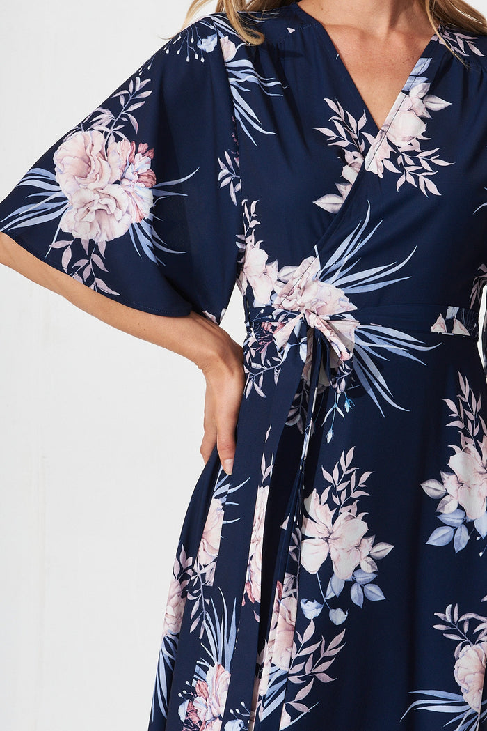 Oaklynn Midi Wrap Dress In Navy With Blush Floral - detail