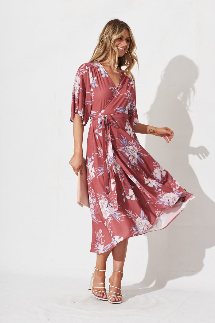 Oaklynn Midi Wrap Dress In Red With Blush Floral - full length