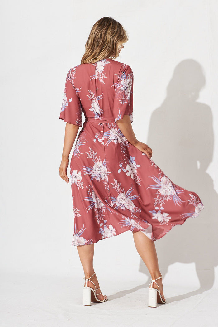 Oaklynn Midi Wrap Dress In Red With Blush Floral - back