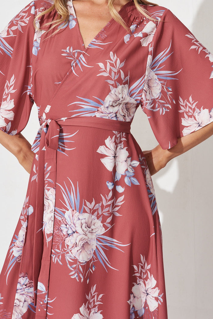 Oaklynn Midi Wrap Dress In Red With Blush Floral - detail