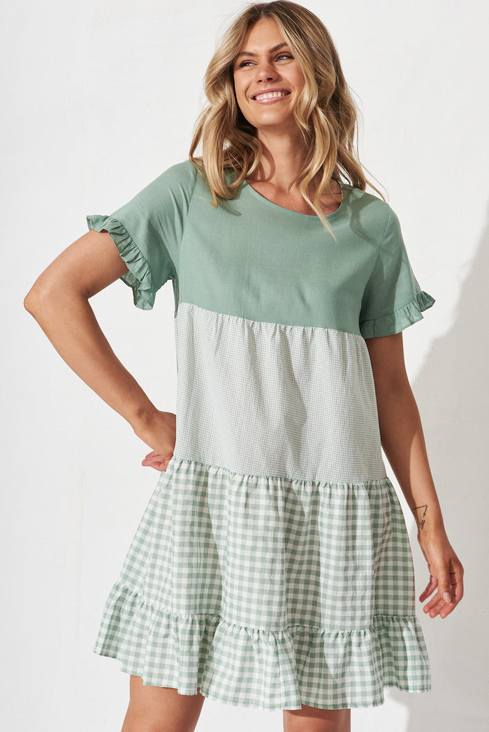 Recess Dress In Green Gingham Linen Blend - front