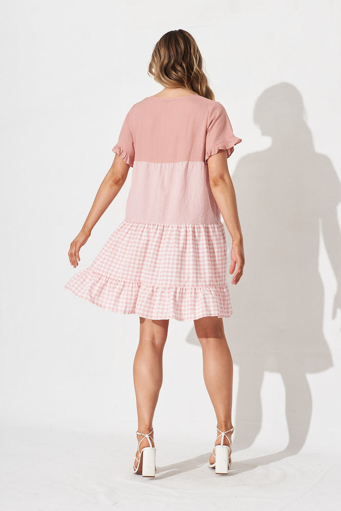 Recess Smock Dress In Pink Gingham Linen Blend - back