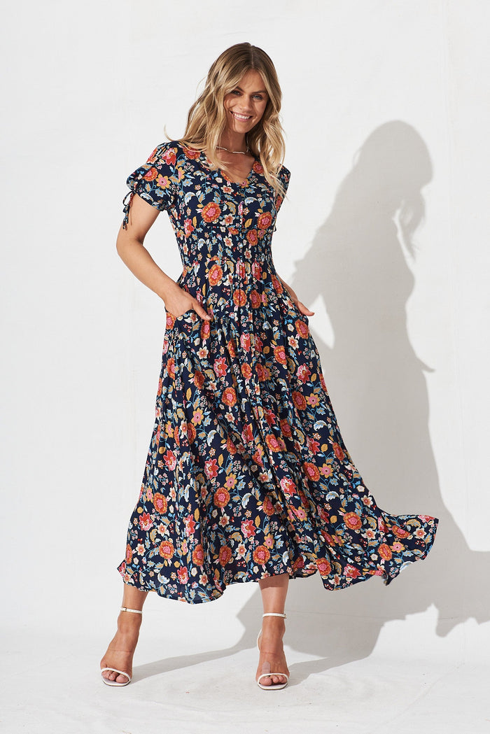 Justyne Maxi Dress In Navy Multi Floral - full length