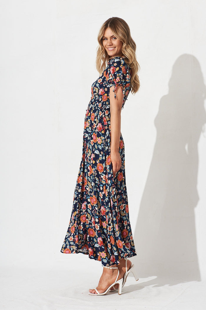 Justyne Maxi Dress In Navy Multi Floral - side