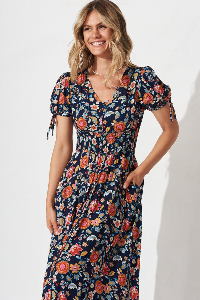 Justyne Maxi Dress In Navy Multi Floral - front