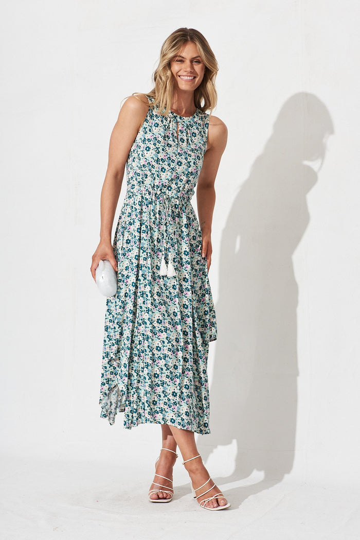 Genoa Maxi Dress In Cream With Green Floral - full length