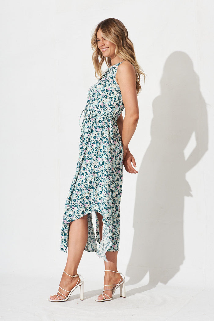 Genoa Maxi Dress In Cream With Green Floral - side