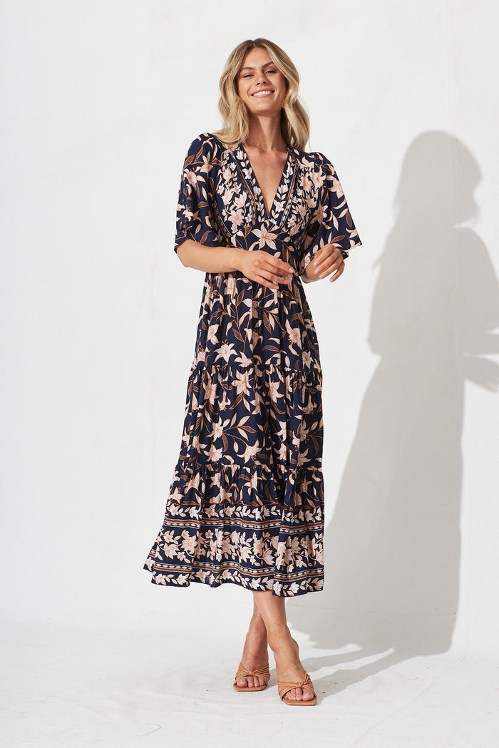 Ayasha Midi Dress In Navy With Blush Boho Floral - full length