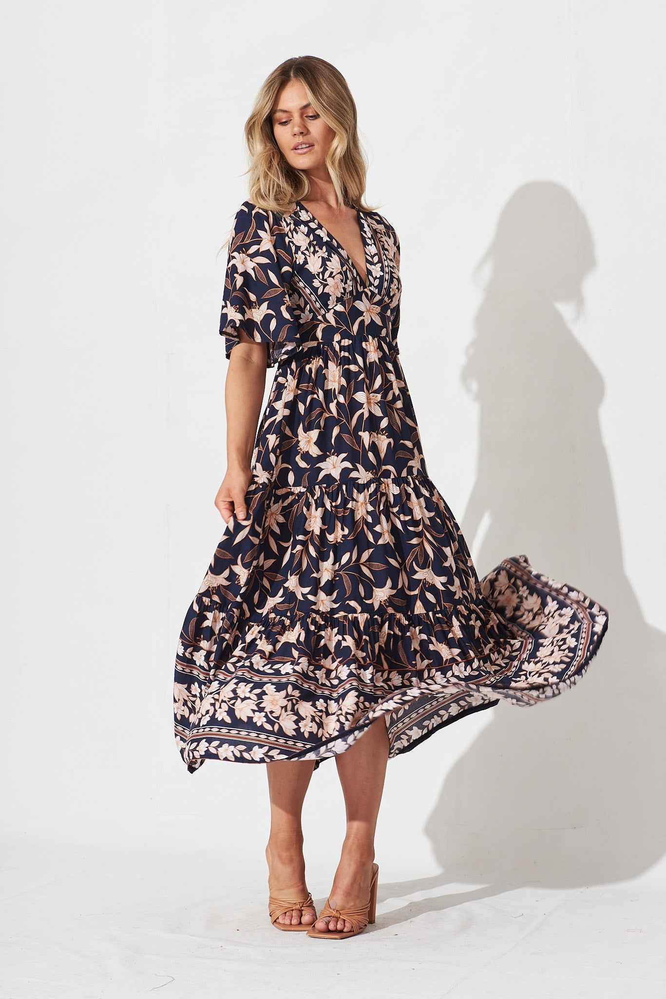 Ayasha Midi Dress In Navy With Blush Boho Floral - full length