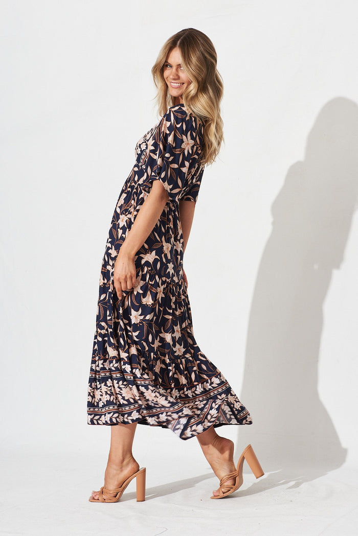 Ayasha Midi Dress In Navy With Blush Boho Floral - side