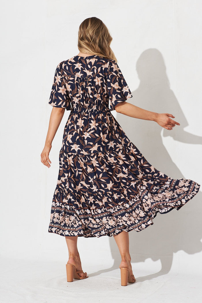 Ayasha Midi Dress In Navy With Blush Boho Floral - back
