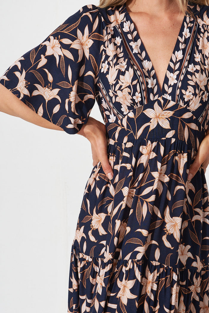 Ayasha Midi Dress In Navy With Blush Boho Floral - detail