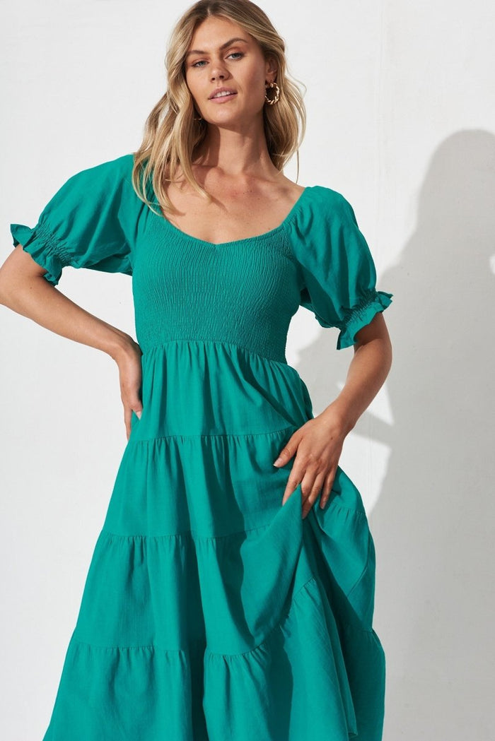 Camelia Midi Dress In Teal Cotton - St Frock (Dev)