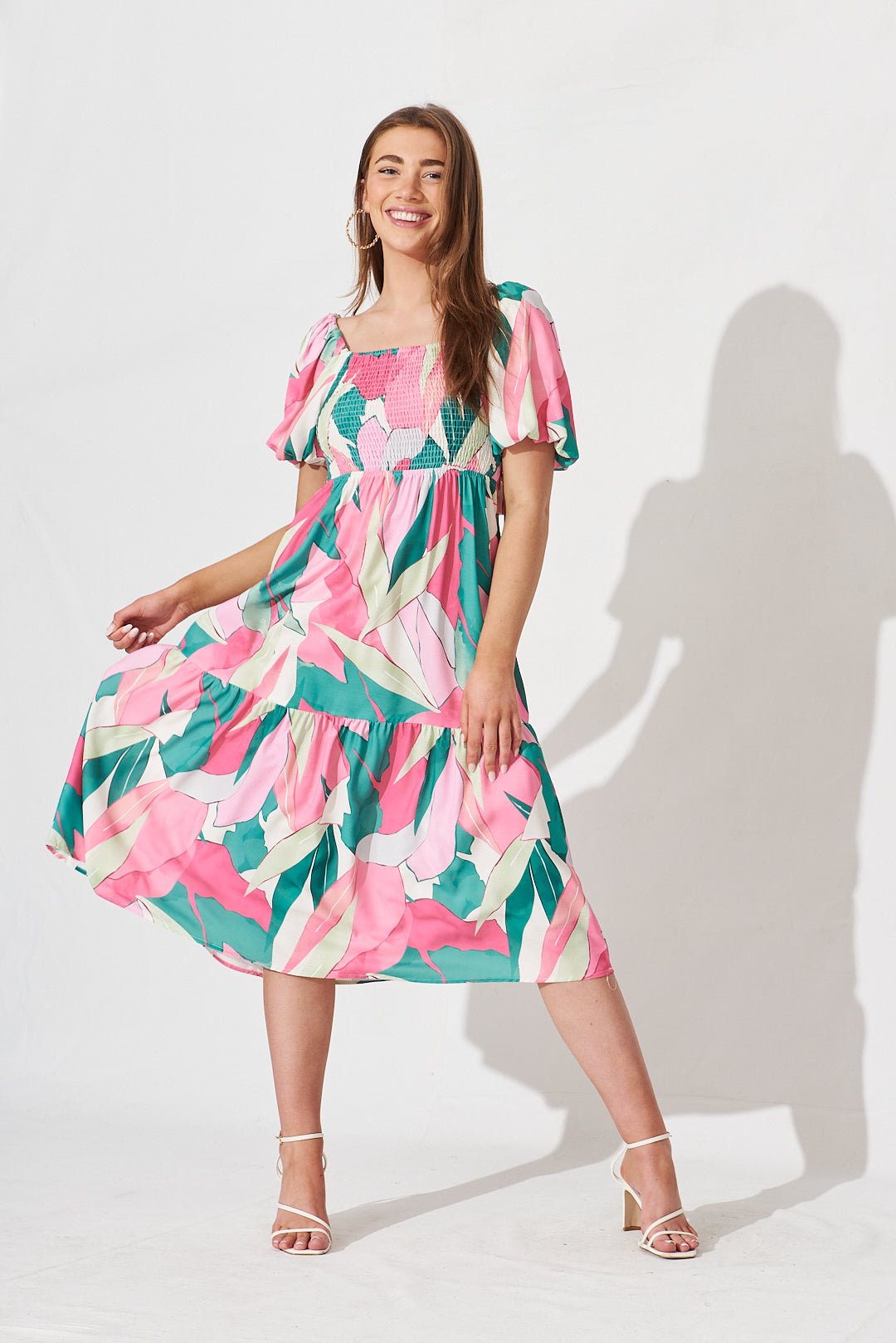 Angelique Multiway Midi Dress In White With Multi Floral Linen Blend - St Frock (Dev)