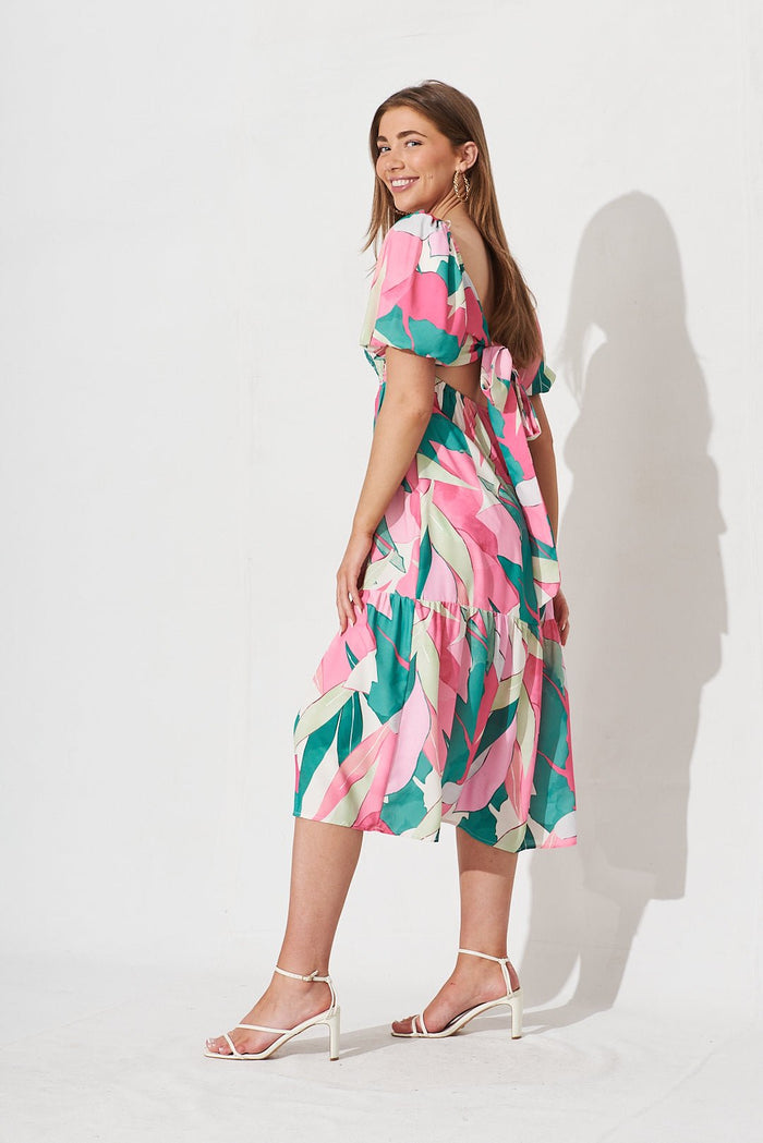 Angelique Multiway Midi Dress In White With Multi Floral Linen Blend - St Frock (Dev)