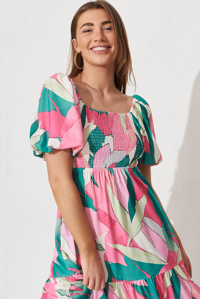 Angelique Multiway Midi Dress In White With Multi Floral Linen Blend - St Frock (Dev)