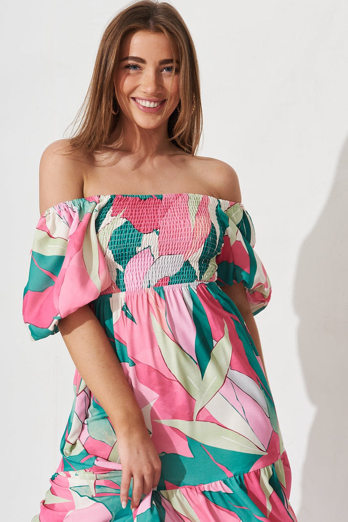 Angelique Multiway Midi Dress In White With Multi Floral Linen Blend - St Frock (Dev)