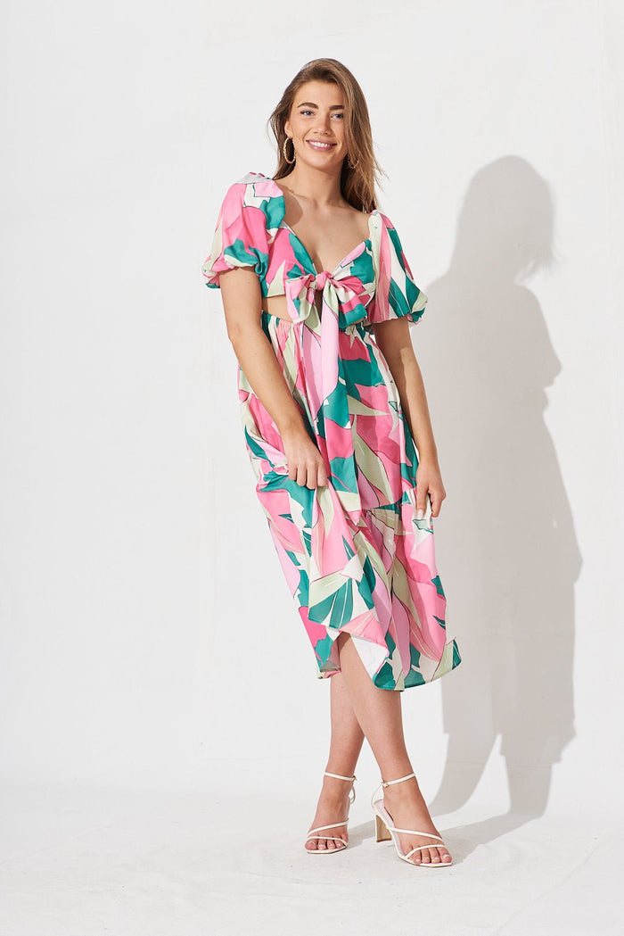Angelique Multiway Midi Dress In White With Multi Floral Linen Blend - St Frock (Dev)