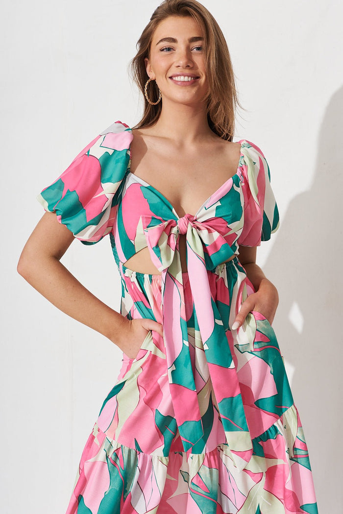 Angelique Multiway Midi Dress In White With Multi Floral Linen Blend - St Frock (Dev)