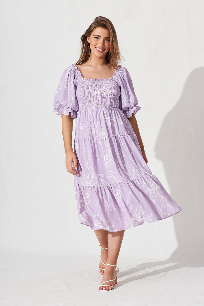 Katana Midi Dress In Lilac With White Floral - full length