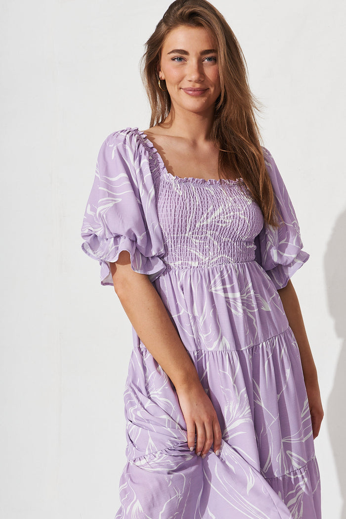 Katana Midi Dress In Lilac With White Floral - front