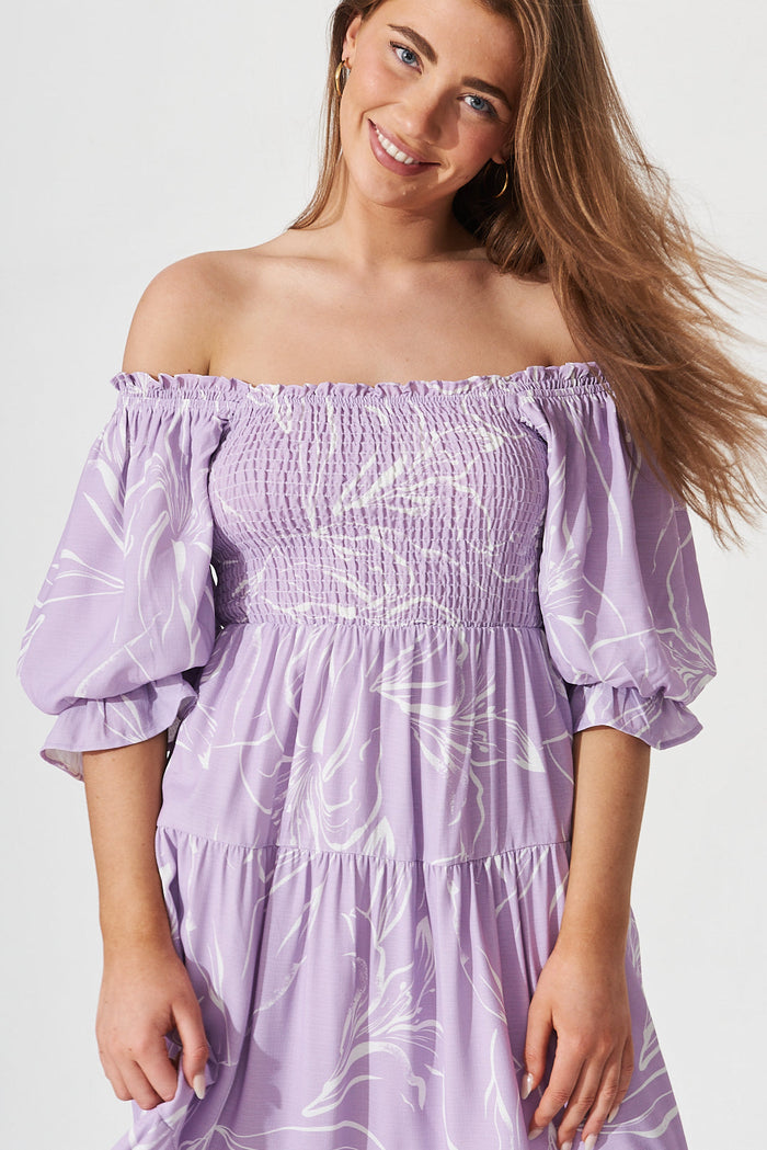 Katana Midi Dress In Lilac With White Floral - front
