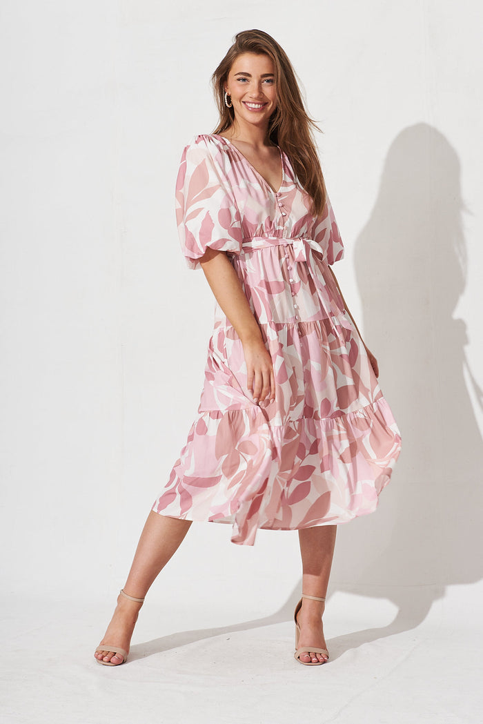 Koami Midi Dress In White With Pink Multi Leaf Print - full length