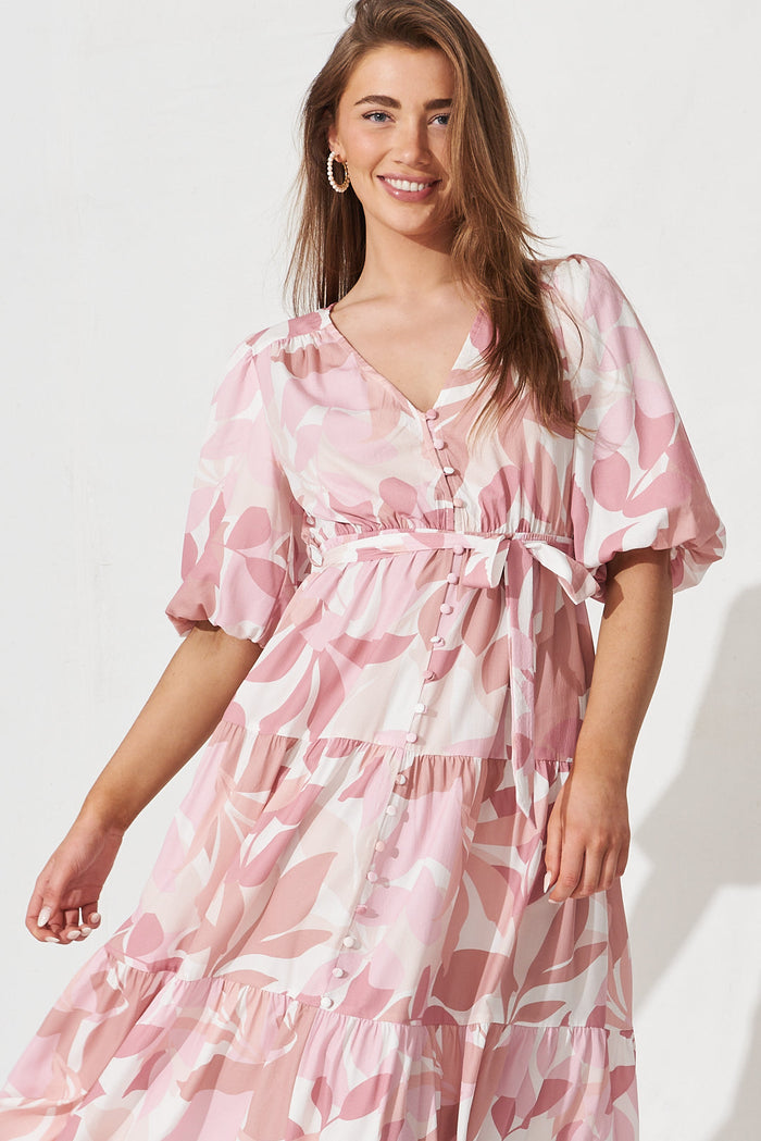 Koami Midi Dress In White With Pink Multi Leaf Print - front