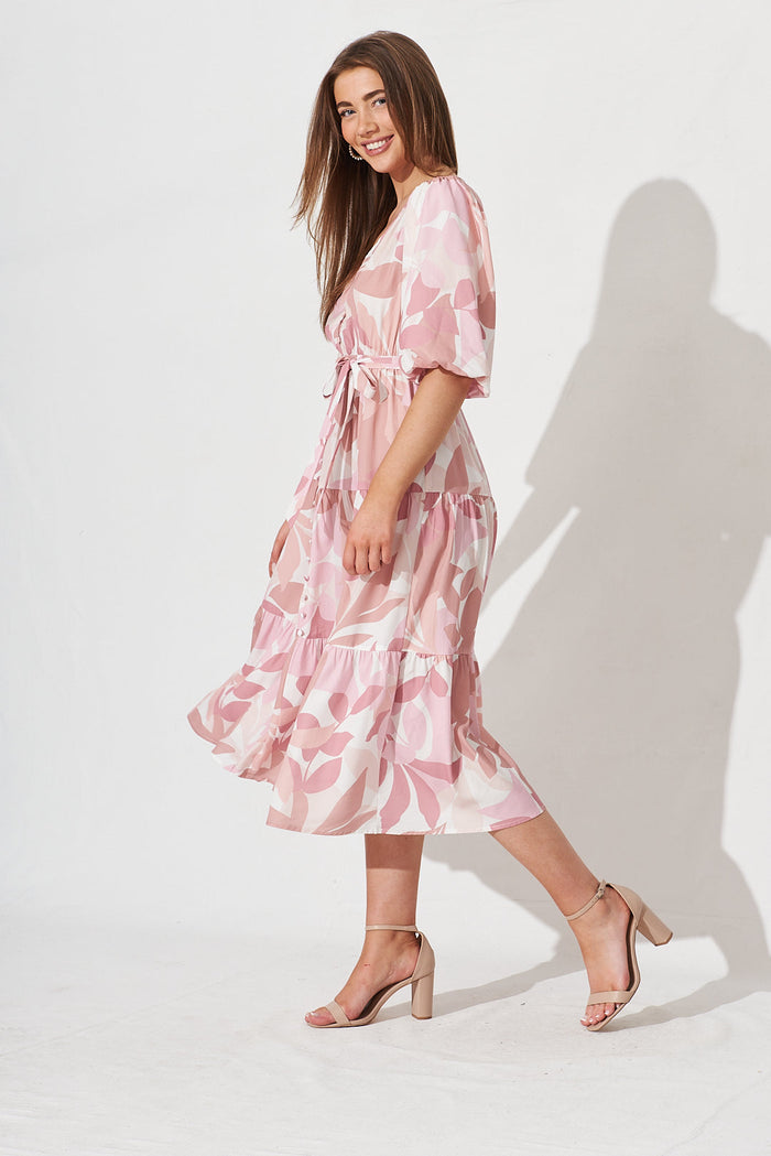 Koami Midi Dress In White With Pink Multi Leaf Print - side