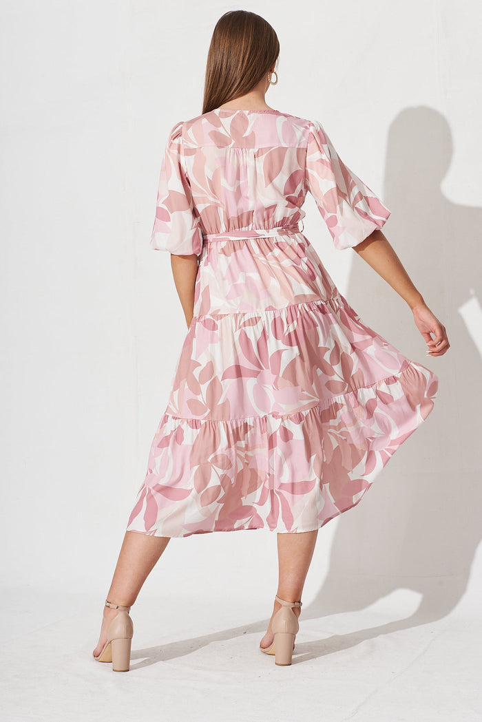 Koami Midi Dress In White With Pink Multi Leaf Print - back