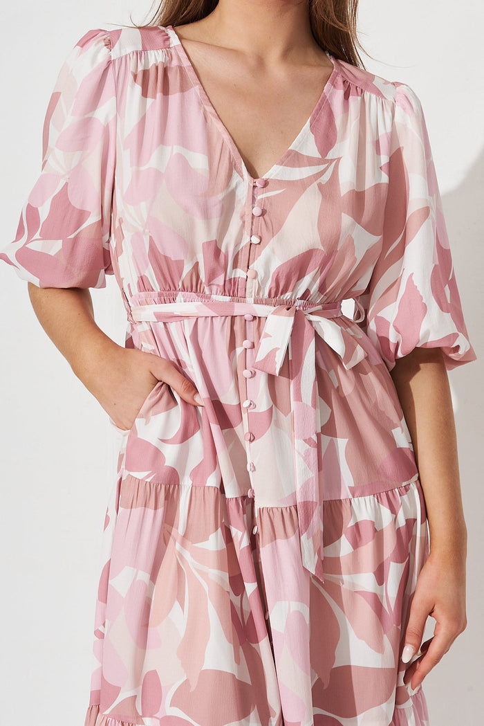 Koami Midi Dress In White With Pink Multi Leaf Print - detail