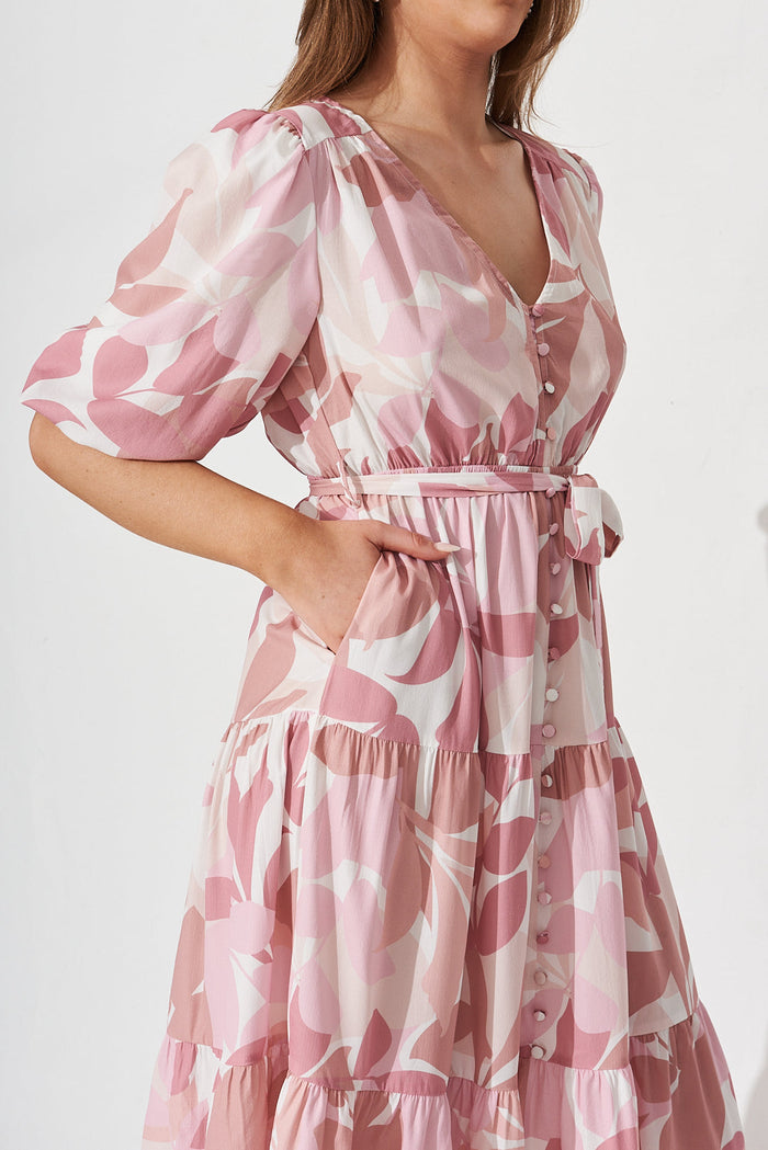 Koami Midi Dress In White With Pink Multi Leaf Print - detail