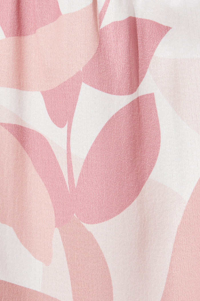 Koami Midi Dress In White With Pink Multi Leaf Print - fabric