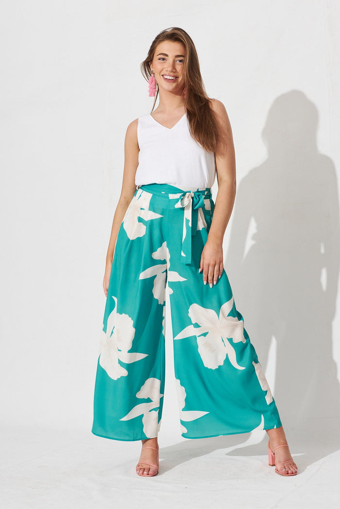 High Hopes Pants In Turquoise With White Floral - full length