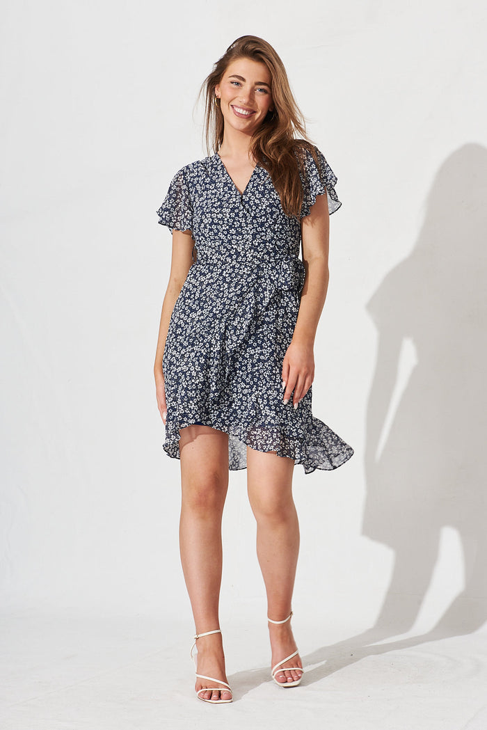 Solina Dress In Navy With White Ditsy Floral - full length